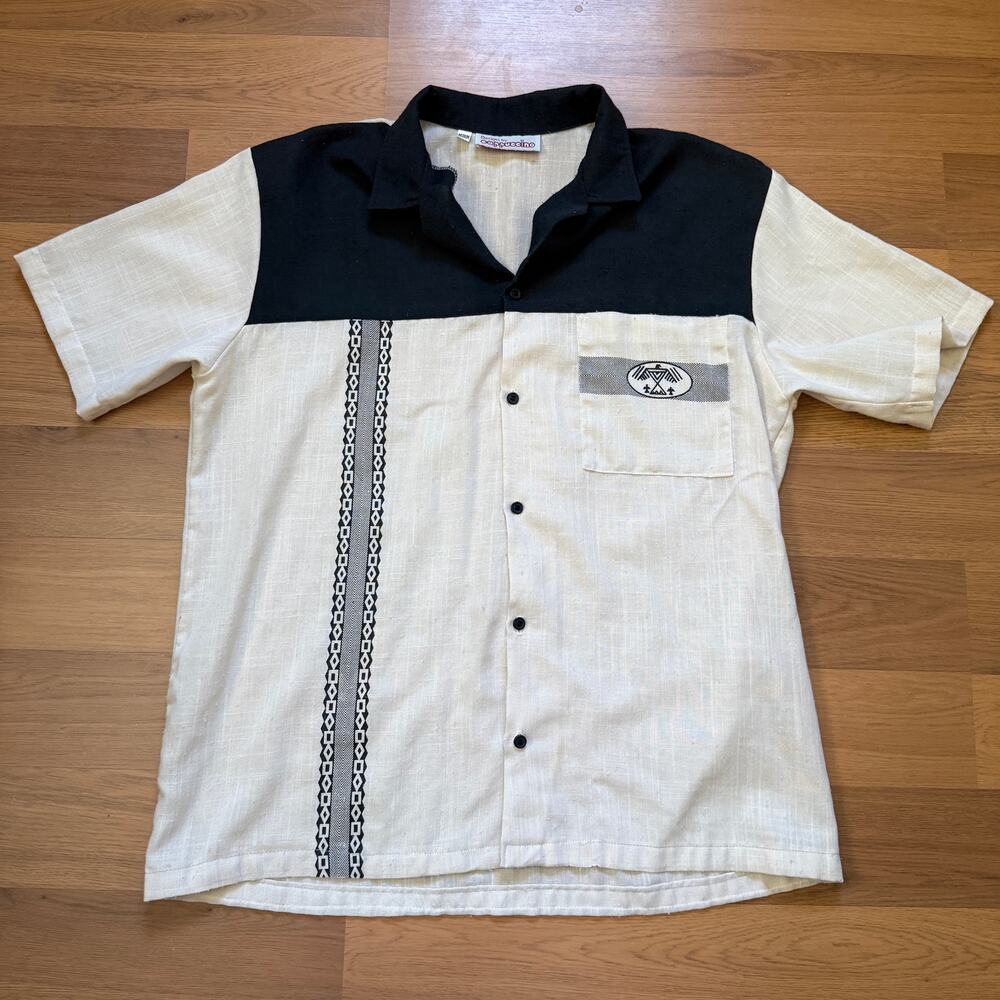 Men's Vintage 90's Cappuccino White Black Southwestern Linen Button Up Shirt M